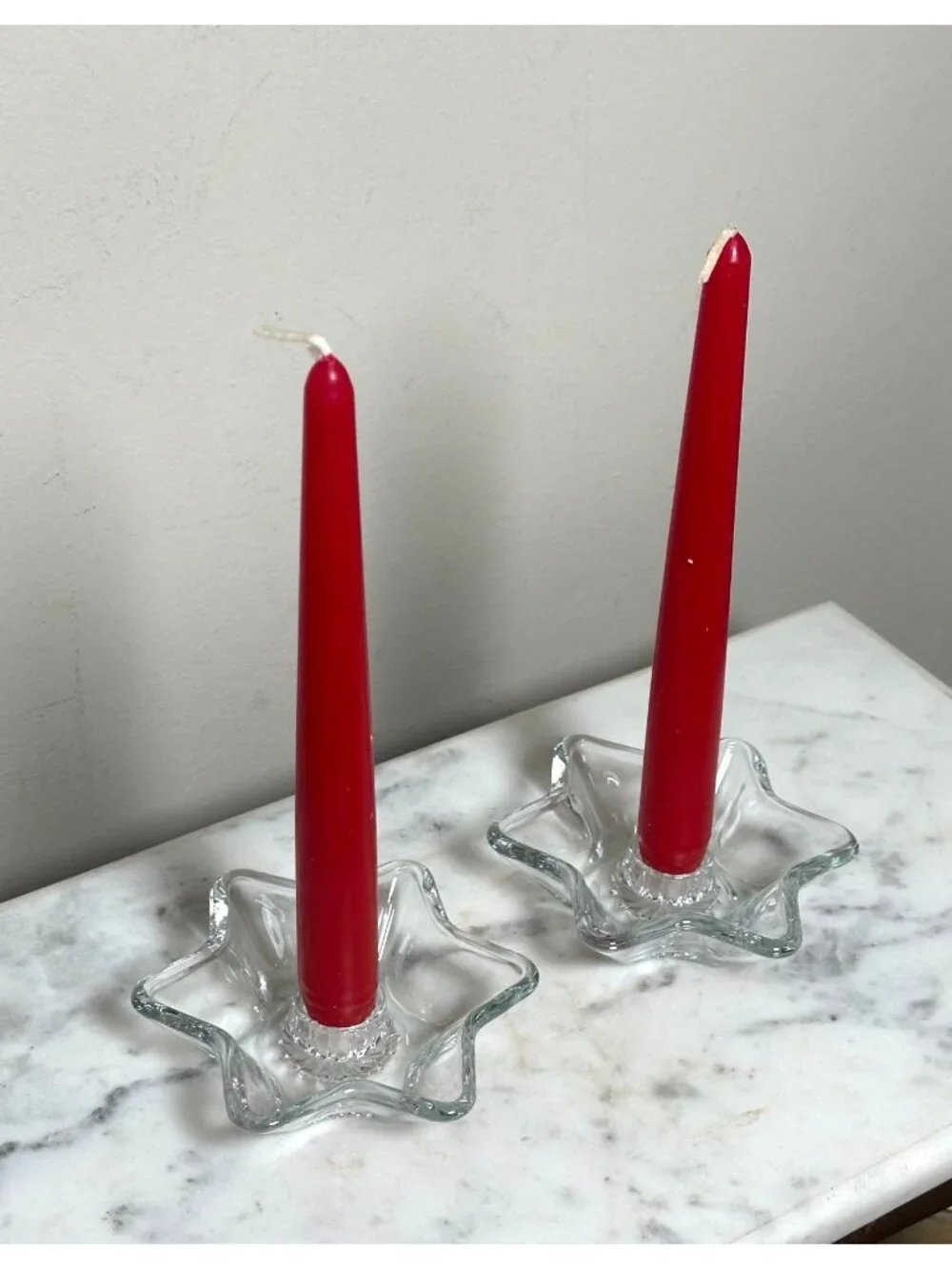 Vintage Clear Glass Star Candlestick Holders Set of 2 Flower Shaped Taper Candle